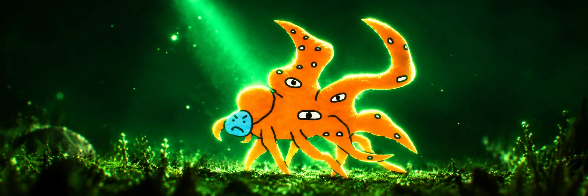 An orange many-eyed creature with a grumpy blue face walking through glowing green moss
