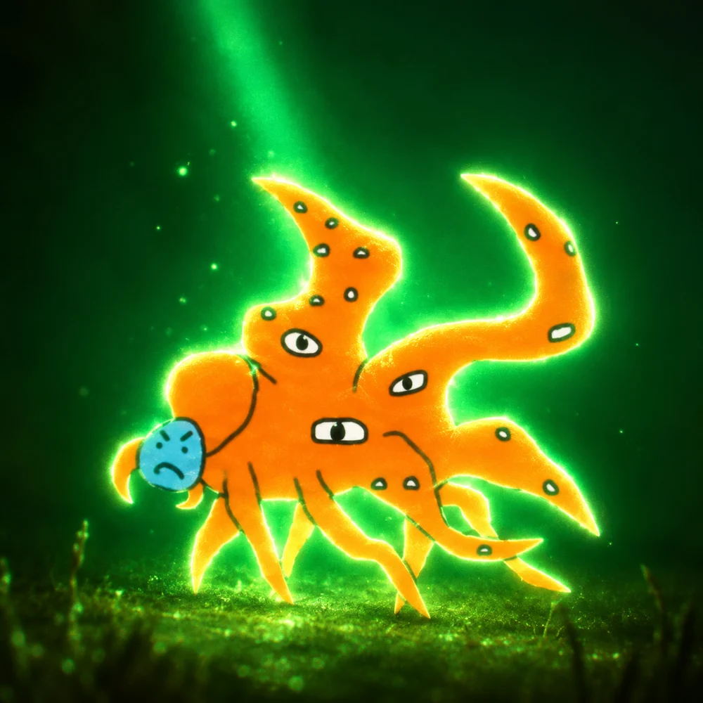 EI/ACC specimen: orange many-eyed creature in green light